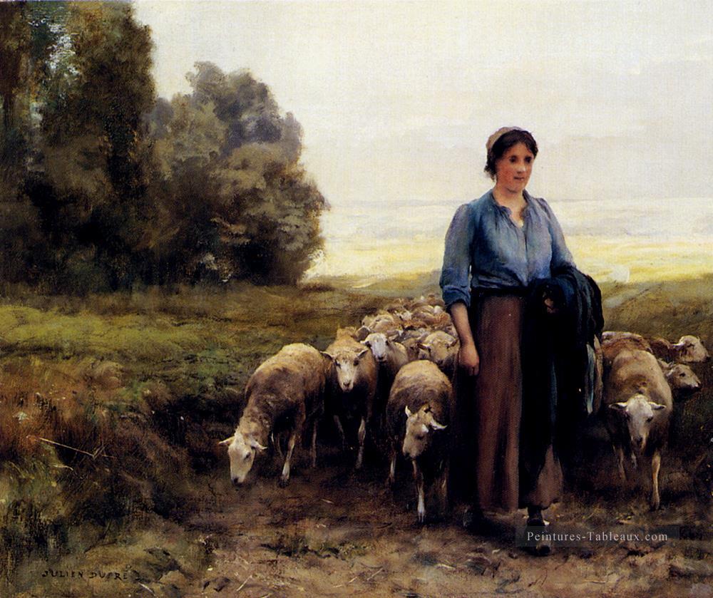 Bergère avec son troupeau Vie rurale réalisme Julien Dupre Peintures à l'huile